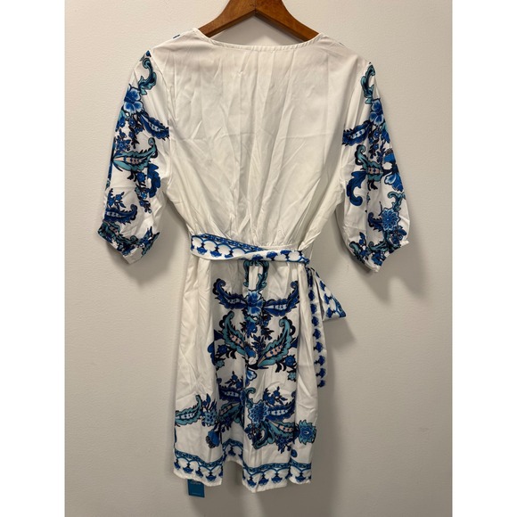 CUPSHE Blue White Paisley Floral Mini Dress Puff Sleeve V-Neck Tie Waist Small - Picture 4 of 7